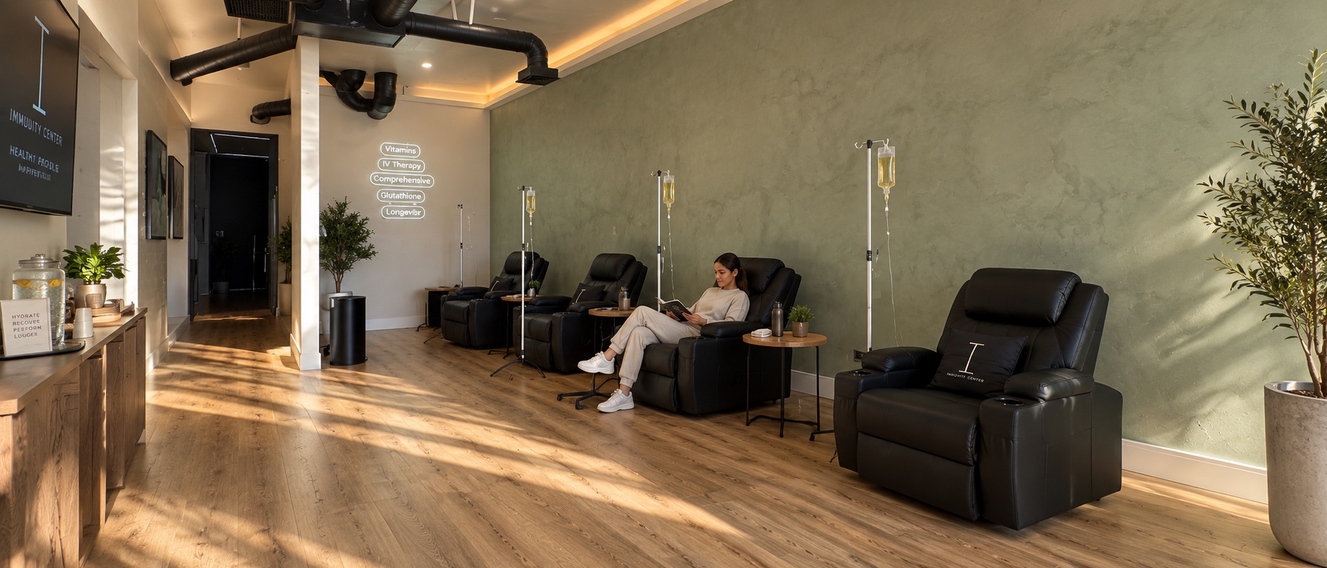 Guest relaxing in the Immunity Center treatment lounge